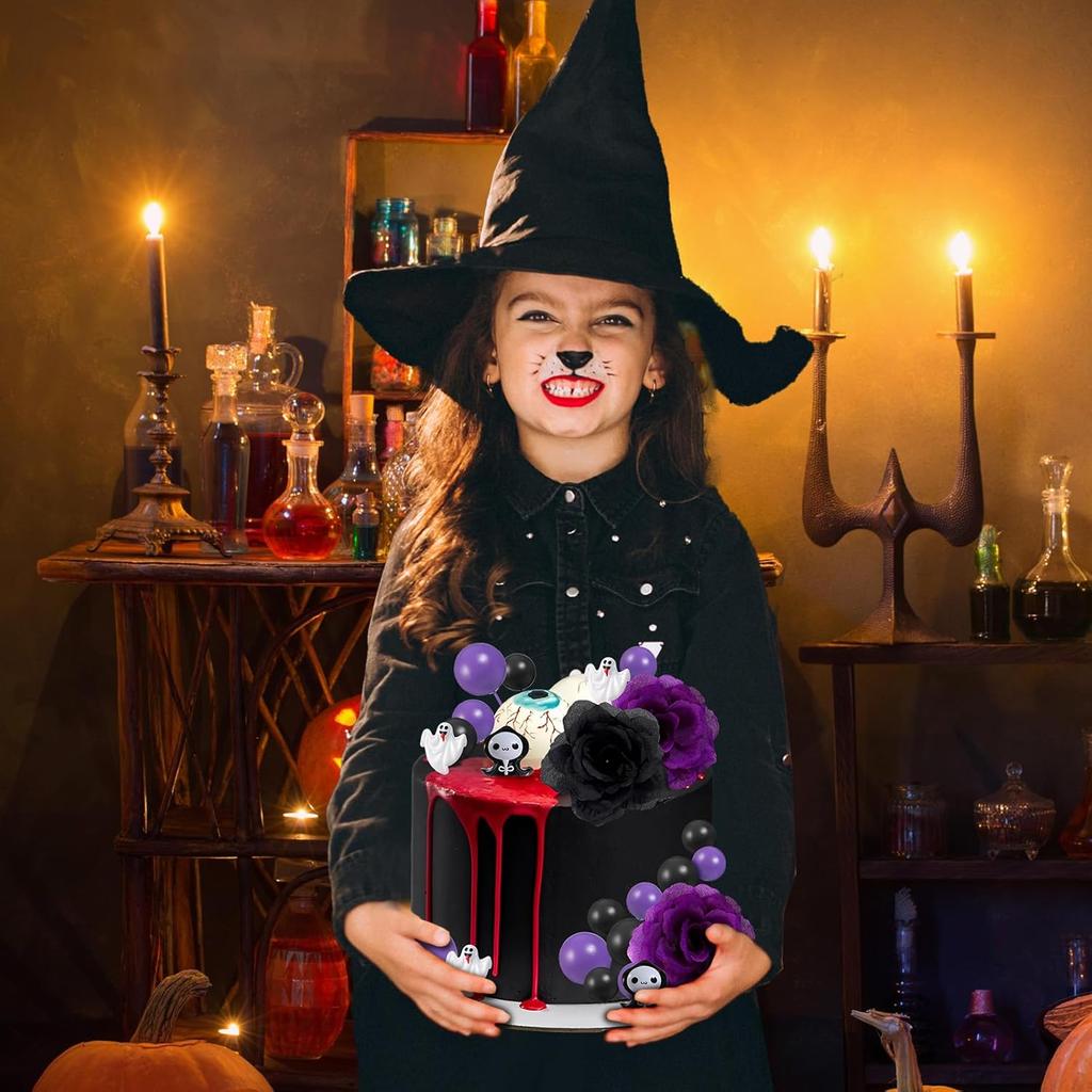 44pcs Halloween Cake Decorations Wednesday Addams Cake Mini Balloons Rose Flower Ghost Topper Gothic Cake Decorations