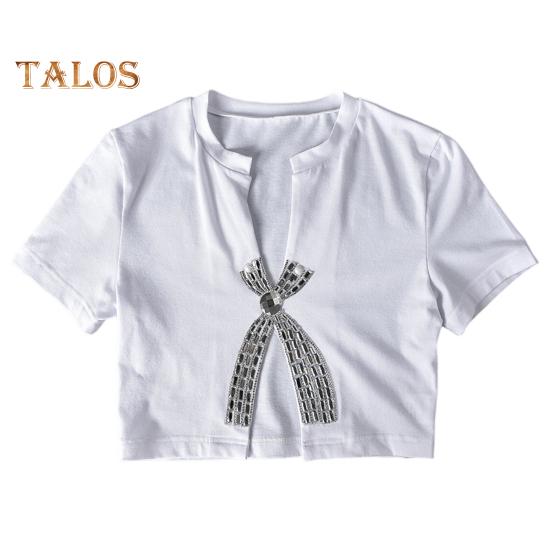 

Летние сексуальные укороченные топы с бантом, горячая дрель, декор, пупок с открытым разрезом, дизайнерская футболка, женские топы с короткими рукавами S белый