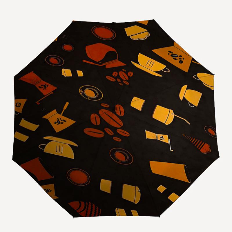 1pc Golden Coffee Icons Automatic Opening and Closing Practical Umbrella - Lightweight 3-Fold Design, Suitable for Fans, Travel, Daily Use - Official