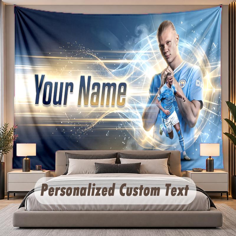 Custom Name Text Tapestry Erling Haaland Personalized Polyester Wall Tapestry For Bedroom And Room