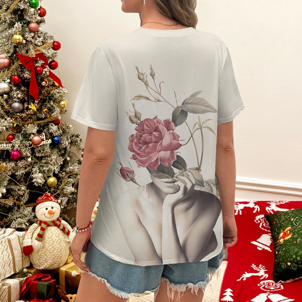 Fashion and Artistic Style Blue Floral Red Floral Print Daily Casual Women's Short Sleeved T-shirt