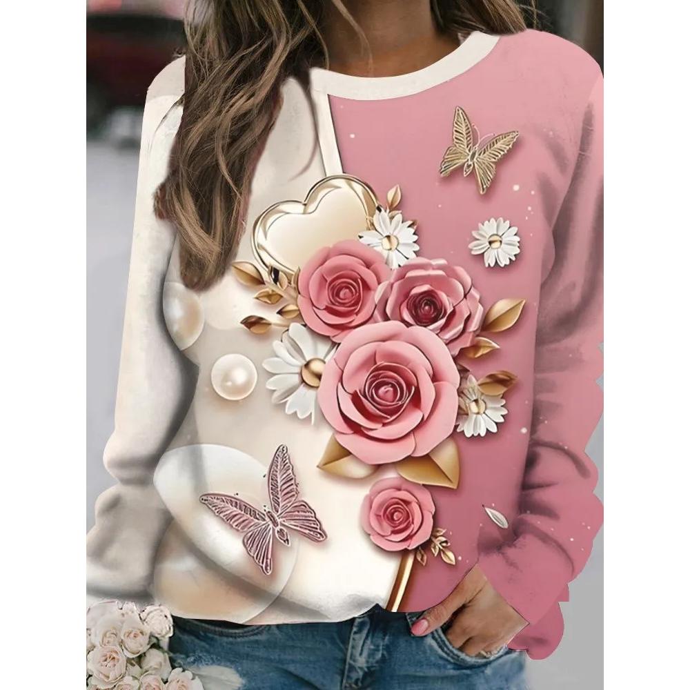 Fashion Versatile Flower Print Women's Top Long Sleeve Casual Loose T-Shirts Women’s Pullovers Long Sleeves Women’s