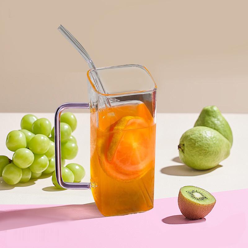Glass Water Cup Milk Cup Tea Cup Breakfast Beverage Cup High Borosilicate Square Color Handle Glass Water Cup
