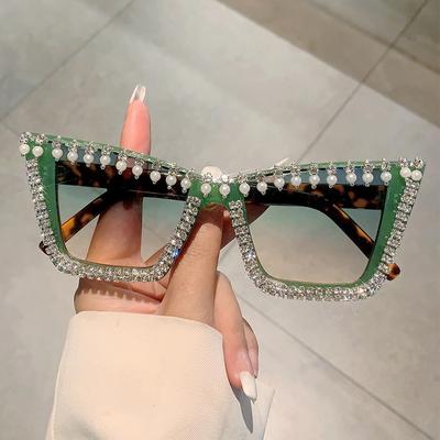 Trendy Diamond Cat Eye Sunglasses for Women, Shiny Rhinestone Costume Party Sunglasses Punk Crystal Womens Pearl Sun Glasses