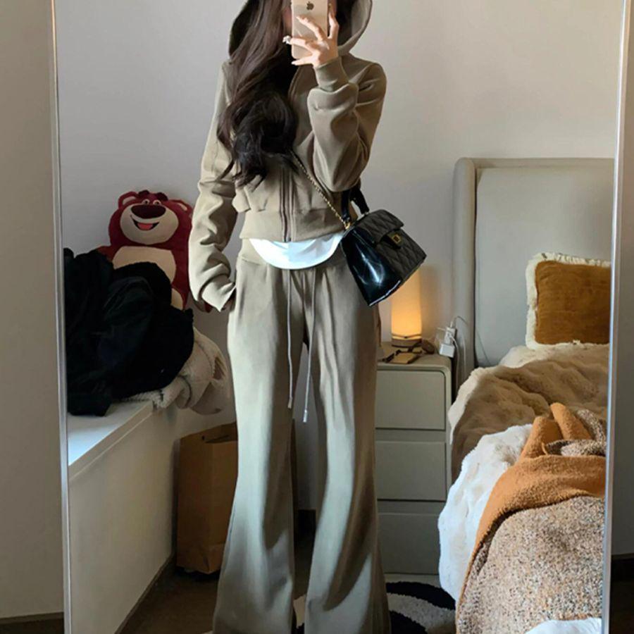 Women's Petite Hooded Sweatshirt and Wide-Leg Pants Two-Piece Set for Spring/Autumn
