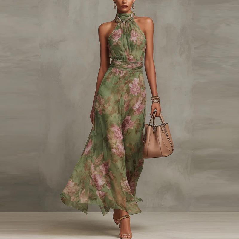 Maxikleid mit unregelmäßigem Schlitz, Mesh-Print, Falten und Spaghettiträgern für Damen (Modelljahr 2026)