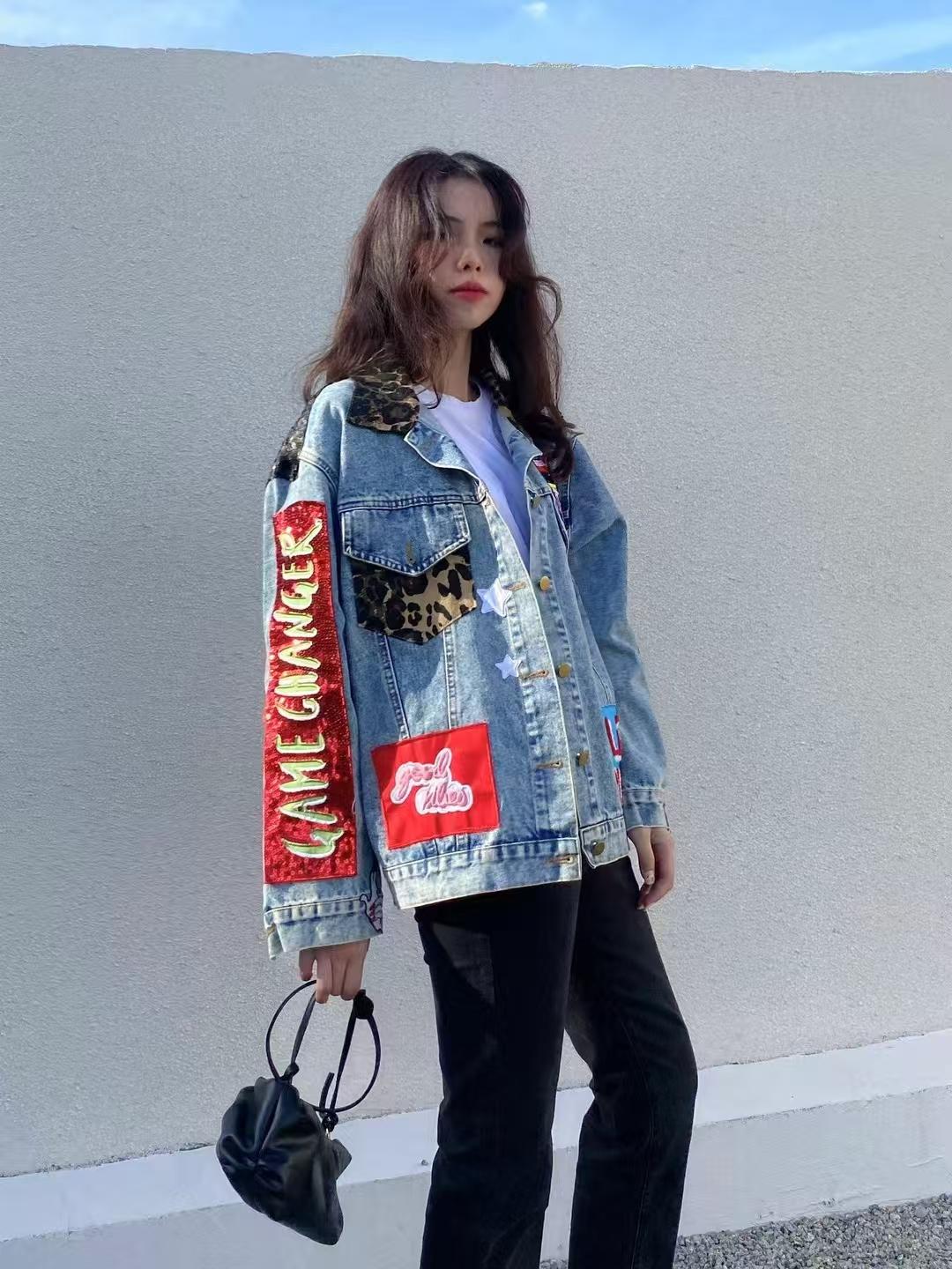 Thai trendy brand autumn new back character patch letter sequined street trendy denim jacket women s trendy M синий