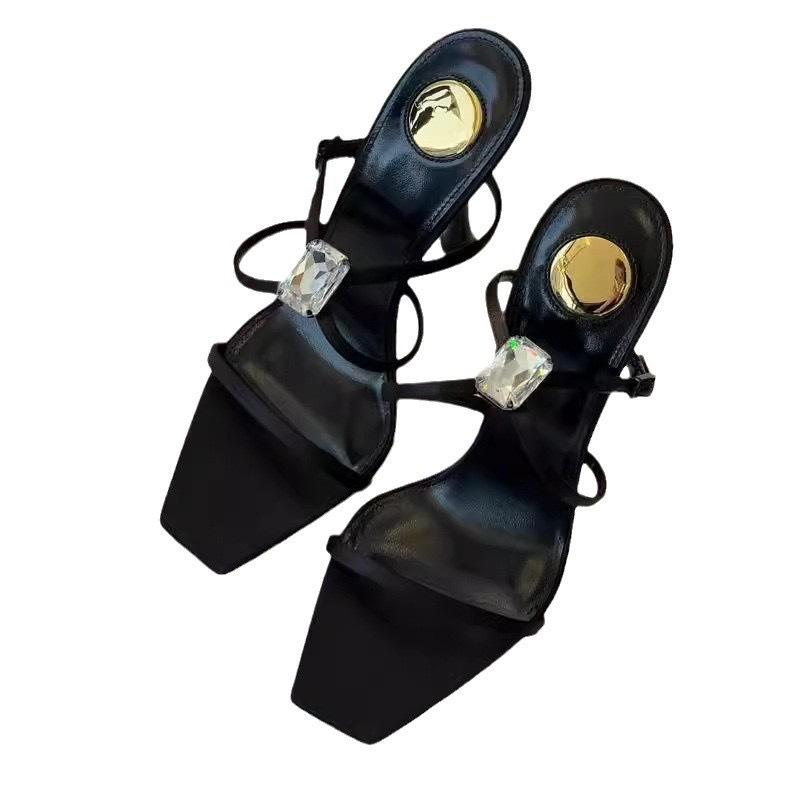 [Spot] New Open-toed Square Head Rhinestone Silk Cross One-word Buckle Sandals Female Sexy Temperament Stiletto