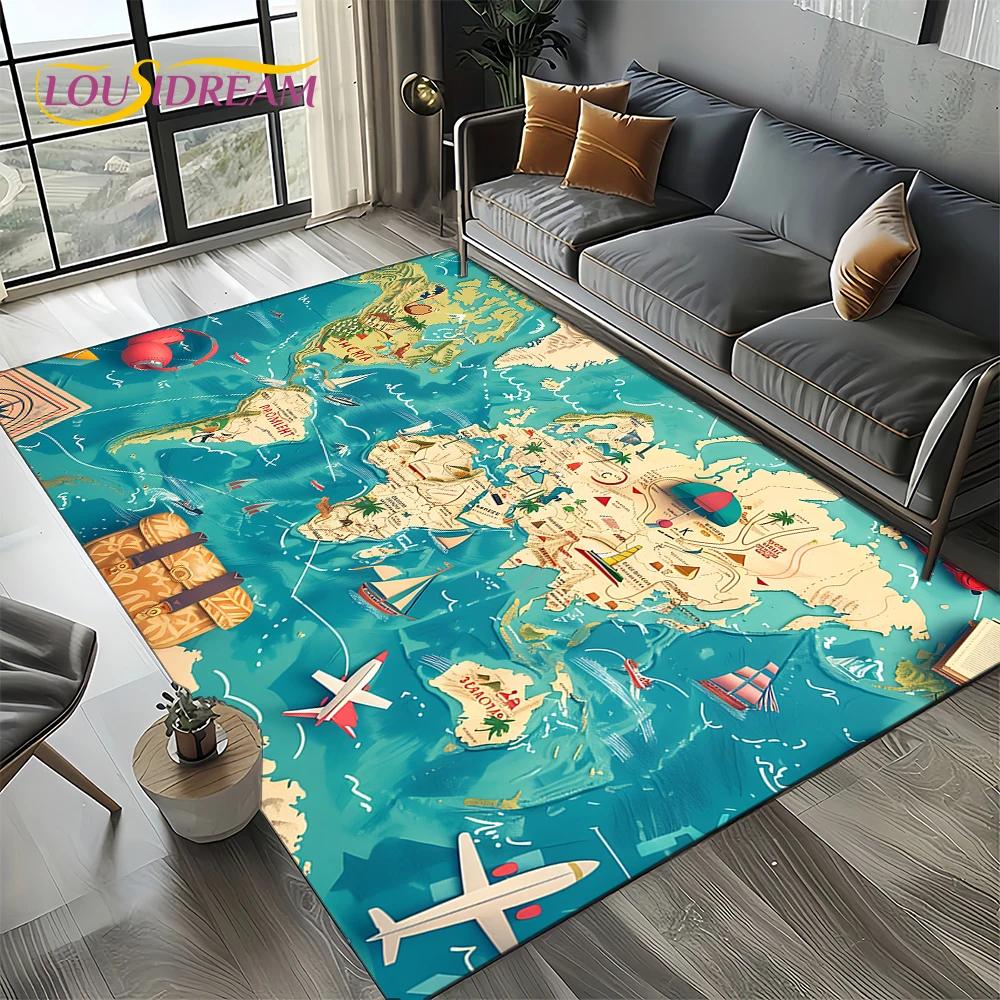 2025 Retro Ancient Nautical Chart Kraft World Map Compass Carpet Rug for Living Room Bedroom Sofa Decoration,Non-slip Floor Mat