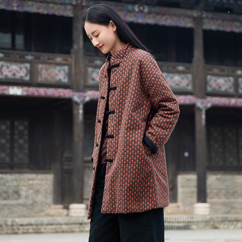 Johnature Women Clothing Vintage Stand Long Sleeve Print Floral Coats Winter Chinese Style Coats