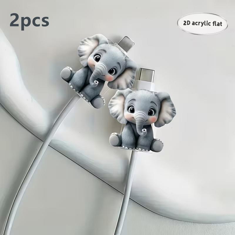 

2Pcs 2D Flat Premium Grade Cute Elephant Data Cable Protector - Break-proof, Phone Data Cable Protector, Phone Accessories
