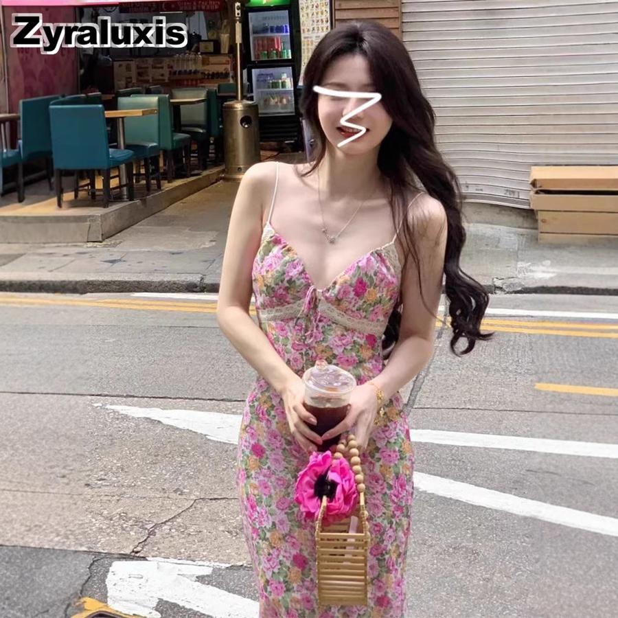 French Lace Strappy Floral Sundress for Women Summer New Small Size Beach Vacation Maxi Dress