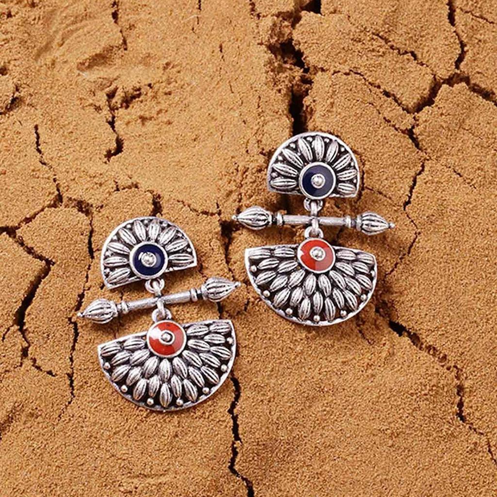 Brass Silver Oxidised Mandala Design Lightly Embellished Drop Earrings for Women and Girls