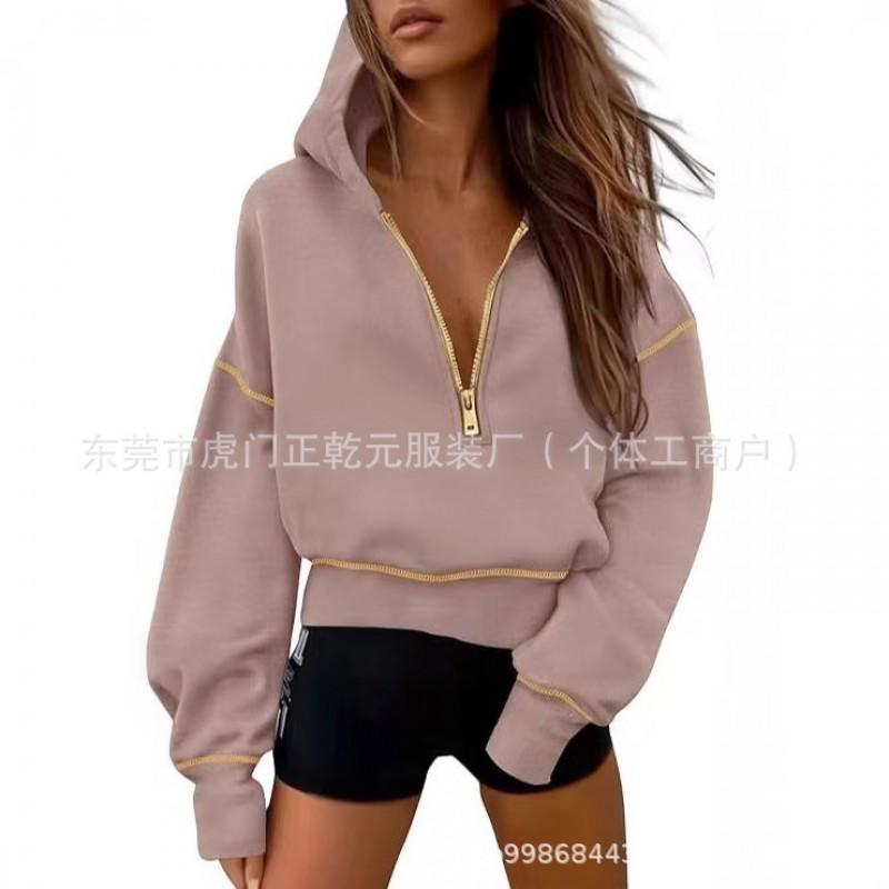 Womens Loose Fit Hooded Sweatshirt Casual Zip Up Solid Color Pullover