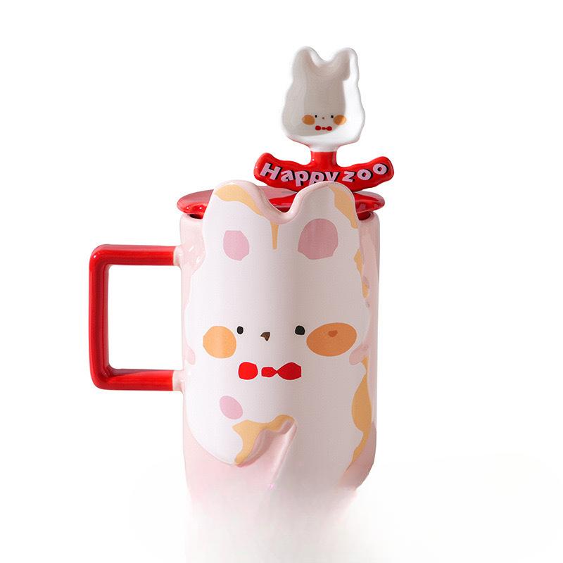 Cartoon Animal Ceramic Cup Cute Cute High Value Water Cup Girl Student Couple Mug with Lid and Spoon