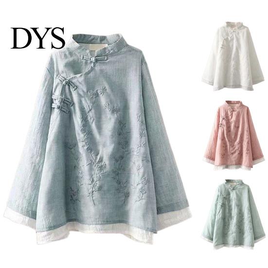 Lady Fall Spring Top Women Retro Chinese Style Embroidered Flower Pattern Knot Button Solid Color Keep Warm Loose Stand Collar Plus Size Vintage