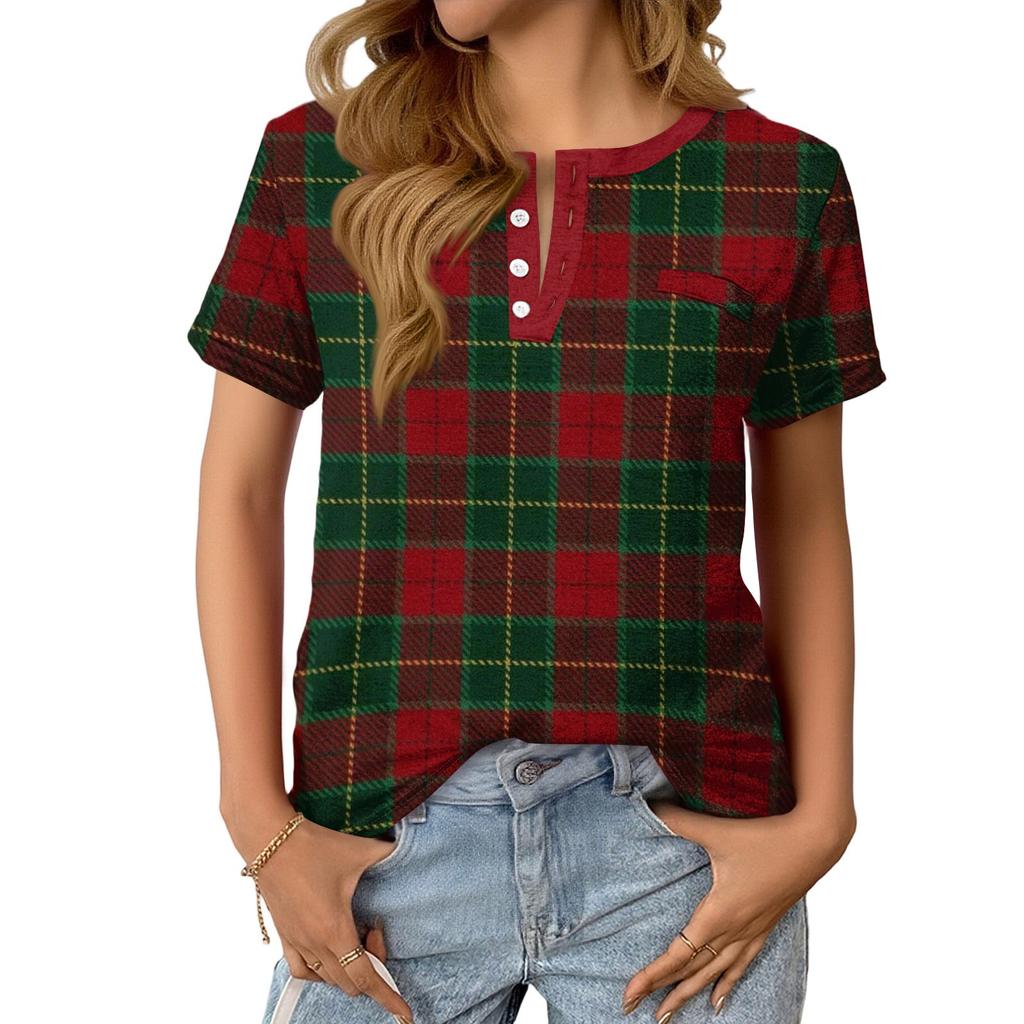 Dámský Módní Ležérní Letní Kostkovaný V-výstřih Knoflíky Krátký Rukáv Top