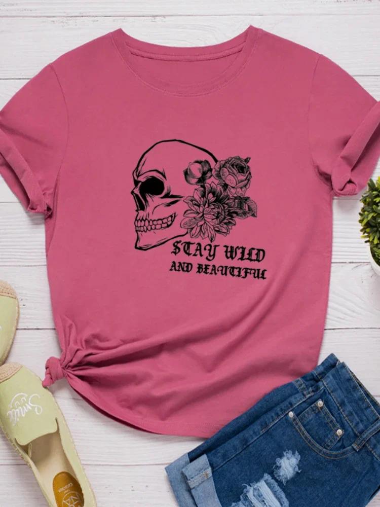 Skull Head Flower Print Women T Shirt Short Sleeve O Neck Loose Women Tshirt Ladies Fashion Tee Shirt Tops Camisetas Mujer