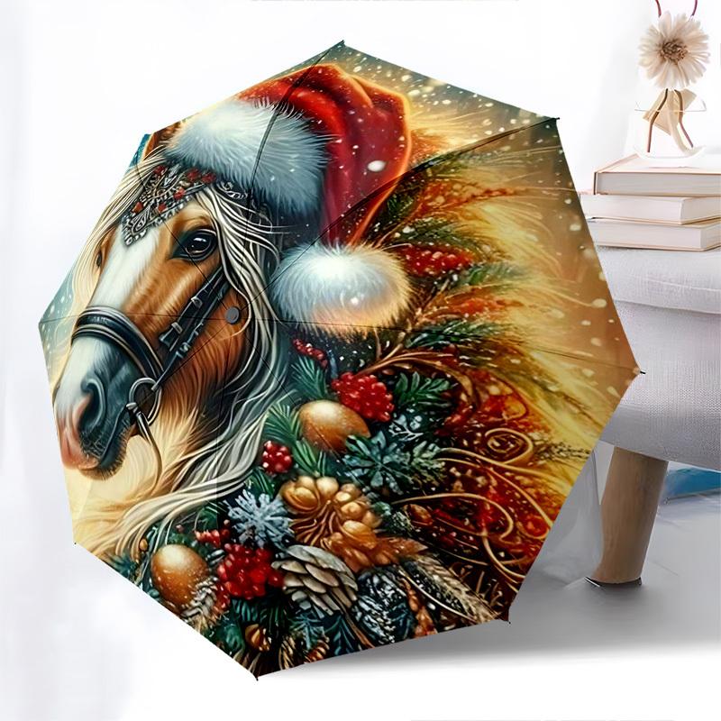 

1pc Christmas Horse Santa Hat Automatic Opening Folding Umbrella, 8 Bone Iron Frame Outdoor Umbrella, Perfect Gift for Fans, Travelers, Daily Use.B004