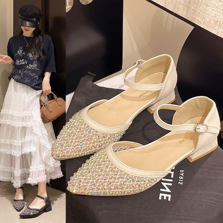 Hollow Silver Bag Head Sandals Women 2025 Summer New Lady Pointed Bag Head One-word Buckle with Mesh Sandals Women