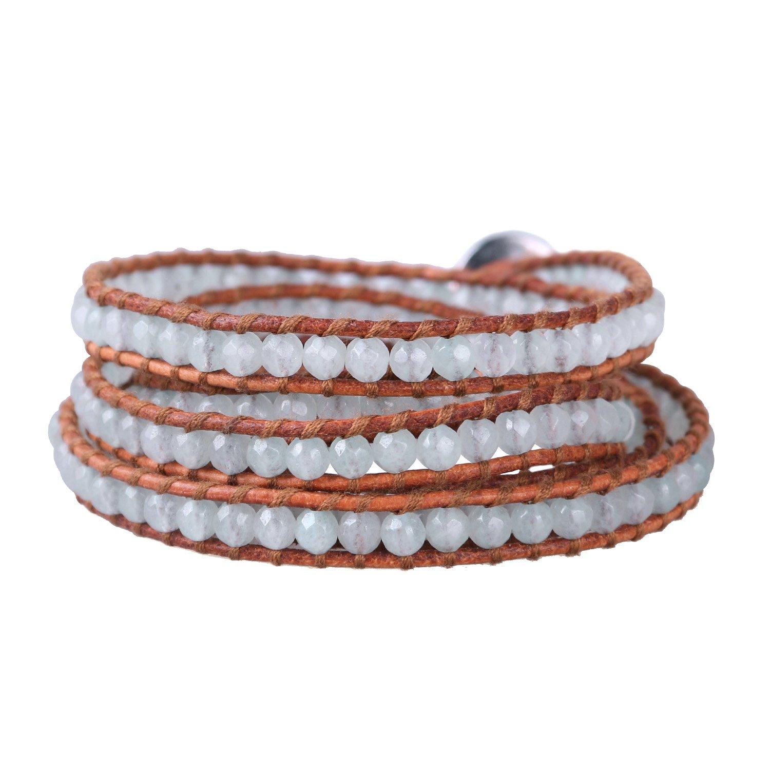KELITCH Crystal Bead Bracelet Chain Coffee Leather 5 Wrap Bracelet Wrap Bracelet for Women Girls (Lake Blue)