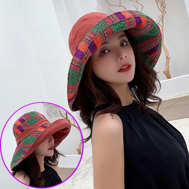 Ethnic style double-sided bucket hat women's big edge Internet celebrity versatile summer hat women's sun protection hat sun hat spring and autumn