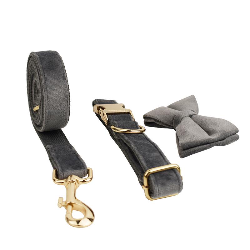 New Arrival: Dark Gray Velvet Dog Collar, Leash, Rope, Harness & Chain Set.