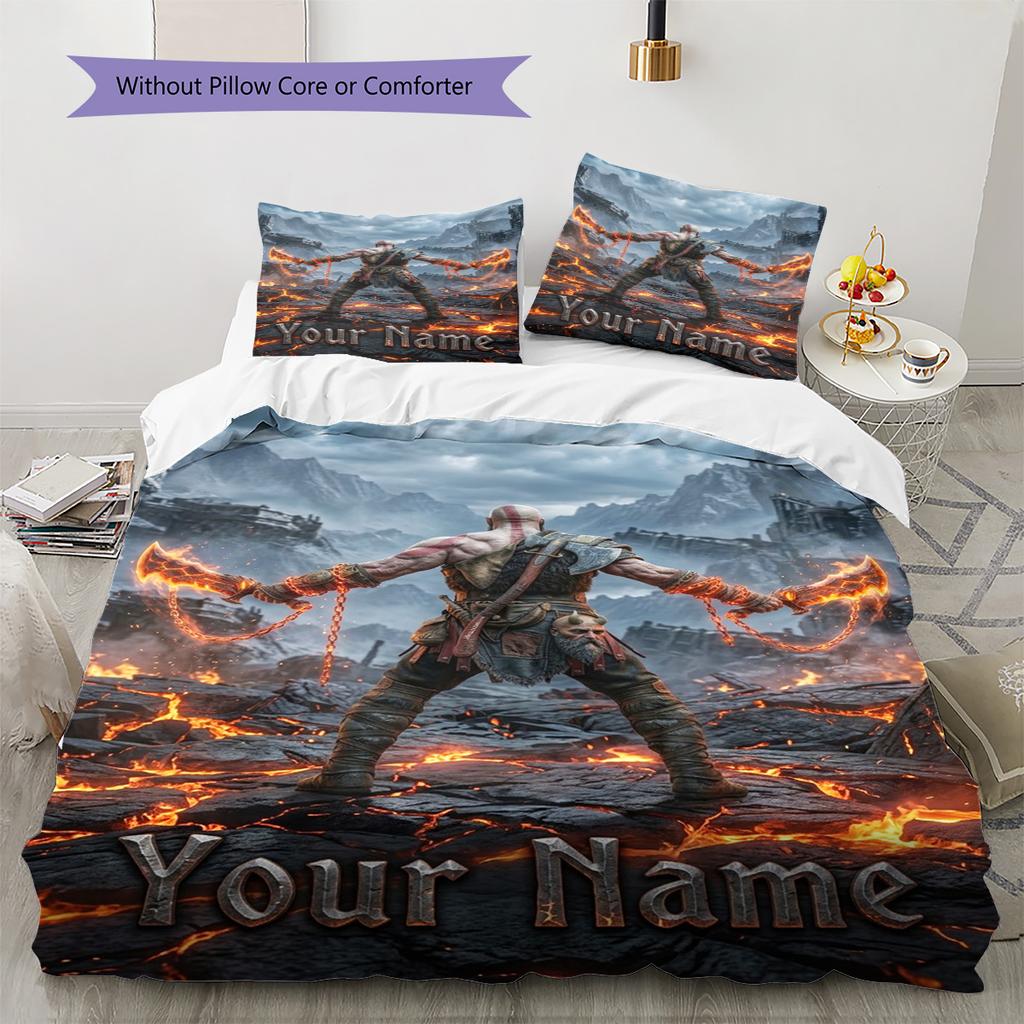 Name Custom Kratos God of War Pattern Bedding Set Quilt Cover Pillowcase Home Decor Gift (1 * Duvet Cover + 2 * Pillowcase, Without Core)