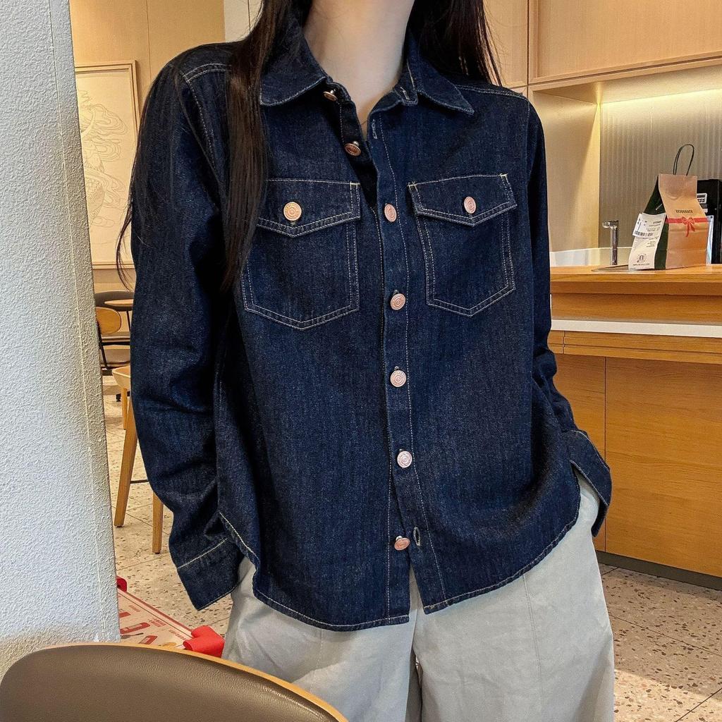 European Retro Dark Blue Denim Shirt for Women - Early Spring 2026 Fashion, Loose Fit with Lapel Collar.