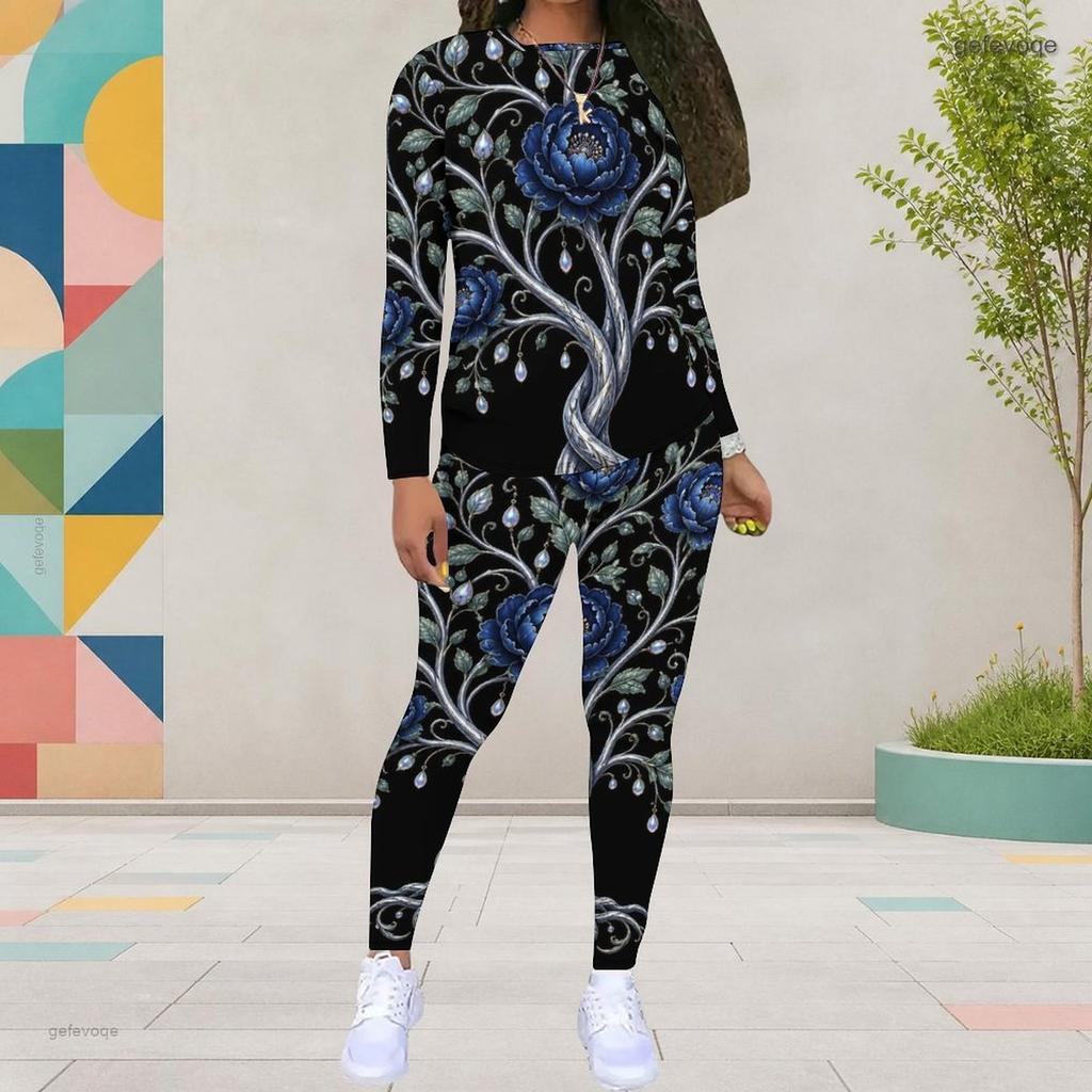 Women Plus Size Two Piece Set Round Neck Long Sleeve Black Gold Printed Top Fitted Pants