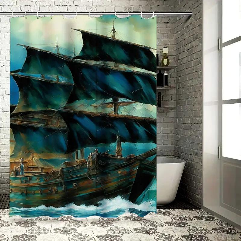 Elegant Sailing Ship Waterproof Shower Curtain Brings Coastal Charm to Your Bathroom, Perfect for Ocean Lovers