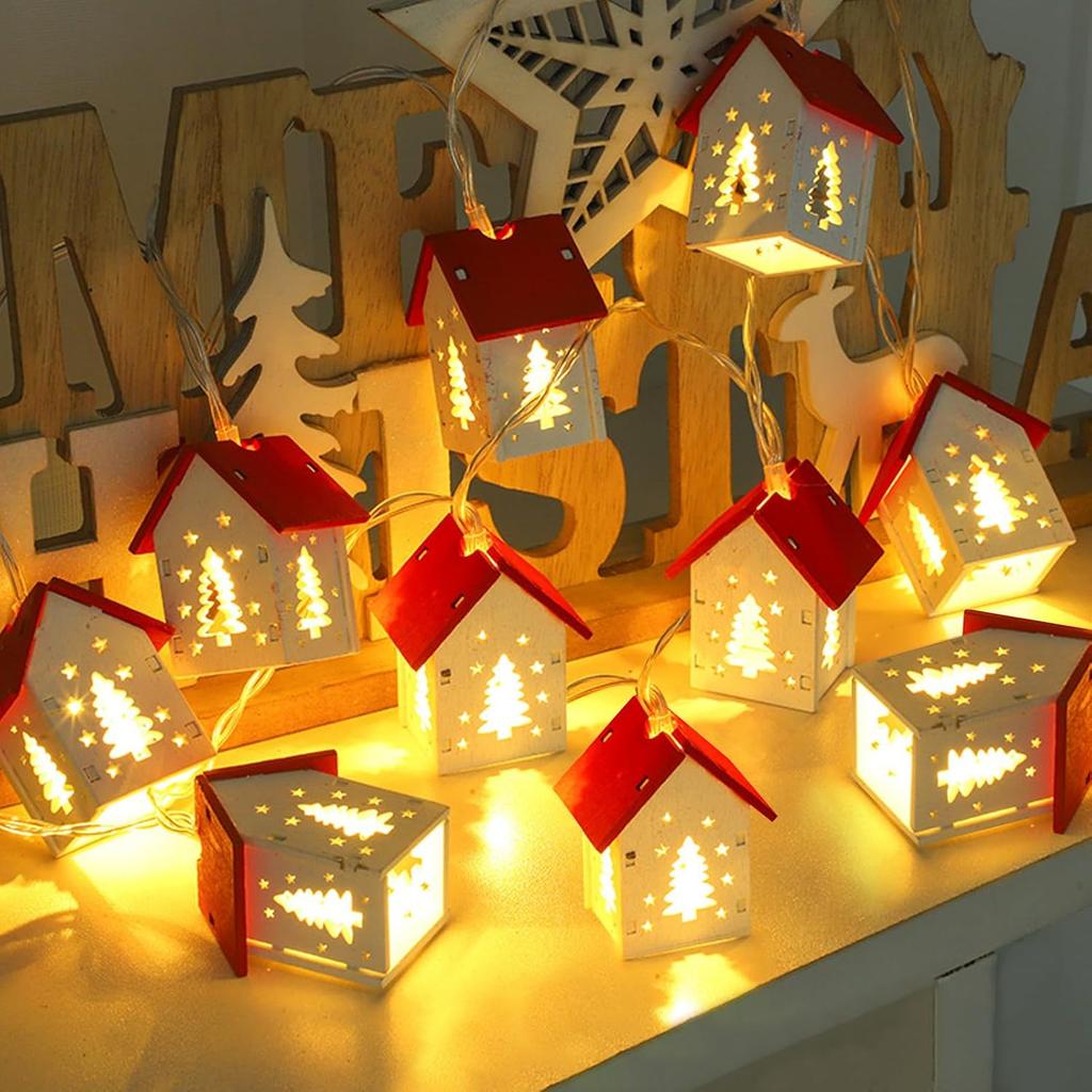 1-10PCS 1.5M Christmas Wooden House LED String Lights Elk Heart Star Shaped Decorative Lights for Christmas Tree Holiday Party