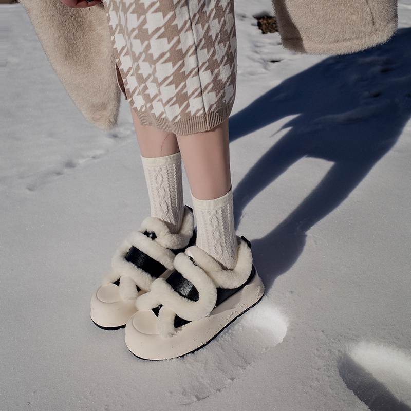 Cow Split Leather Keep Warm Winter White Sneakers Platform Women Artificial Wool Casual Shoes