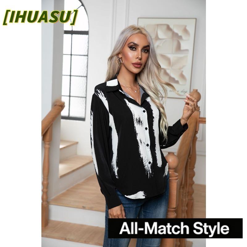 IHUASU Damen Mode Lässig POLO Kragen Langarm Blusen & Hemden