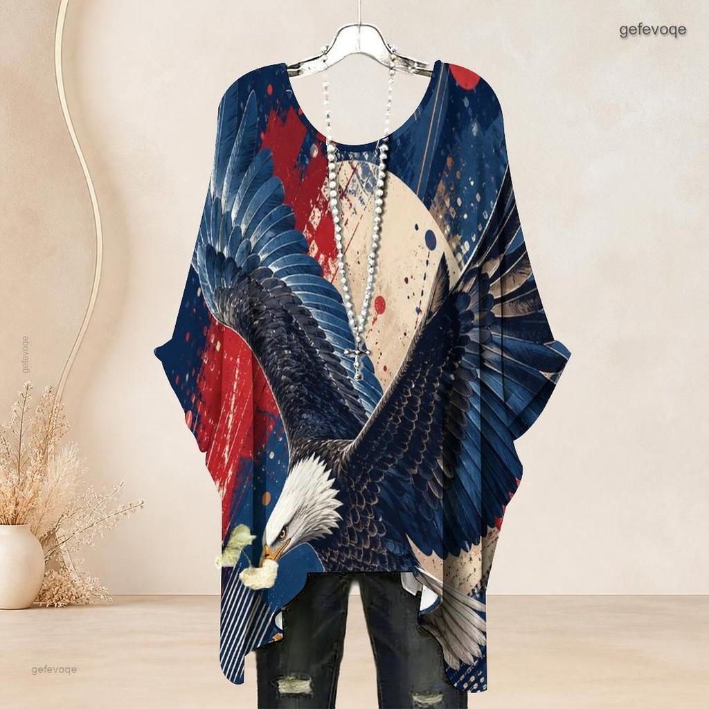 Plus Size Women Round Neck Batwing Sleeve Top Bald Eagle Patriotic Print Loose Irregular Casual Blouse