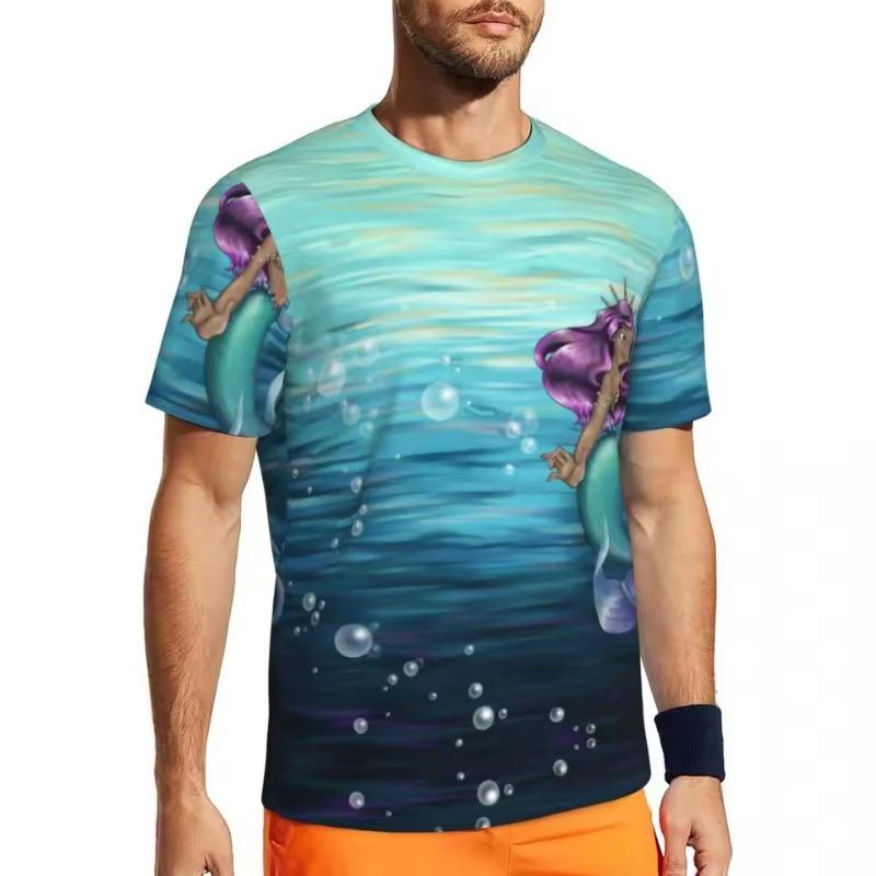 Sportovní tričko pro muže, trička s mořskou pannou a váhami, trendy tyrkysově modré plážové tričko s potiskem zvířat, vintage grafické topy s výstřihem do O