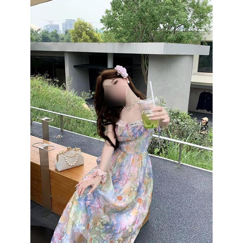 Beautiful suspender dress dress female summer super good-looking beach vacation style casual female smudged floral long skirt