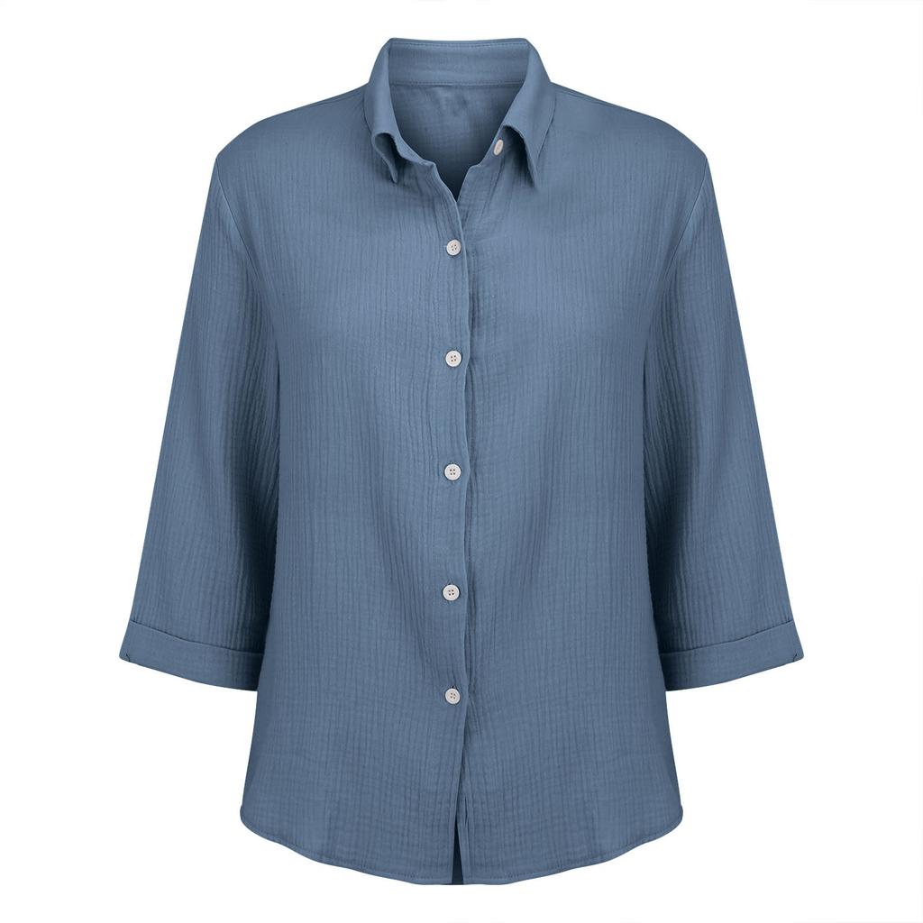 Womens Button Down Shirts 3/4 Sleeve Casual Collared Shirt Loose Blouses Solid Color Tops With Pocket