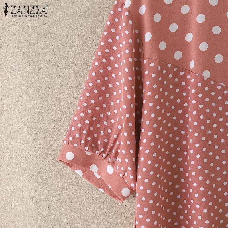ZANZEA Women Casual V-Neck Loose Polka Dot Print Half Sleeve Blouse