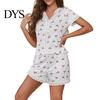 Lady Sleepwear Set 2 Pcs/Set Pajamas Suit Lace Splicing V Neck Short Sleeve Top Pajama Cherry Printing Comfort Homewear Outfit Casual Shorts Nightwear