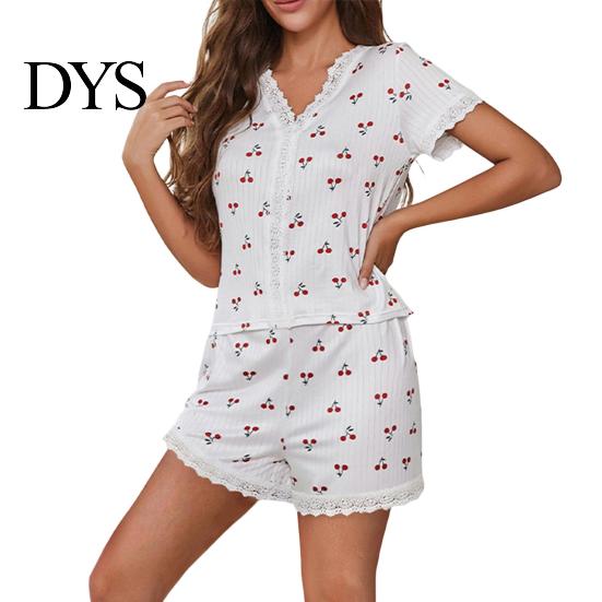 Lady Sleepwear Set 2 Pcs/Set Pajamas Suit Lace Splicing V Neck Short Sleeve Top Pajama Cherry Printing Comfort Homewear Outfit Casual Shorts Nightwear