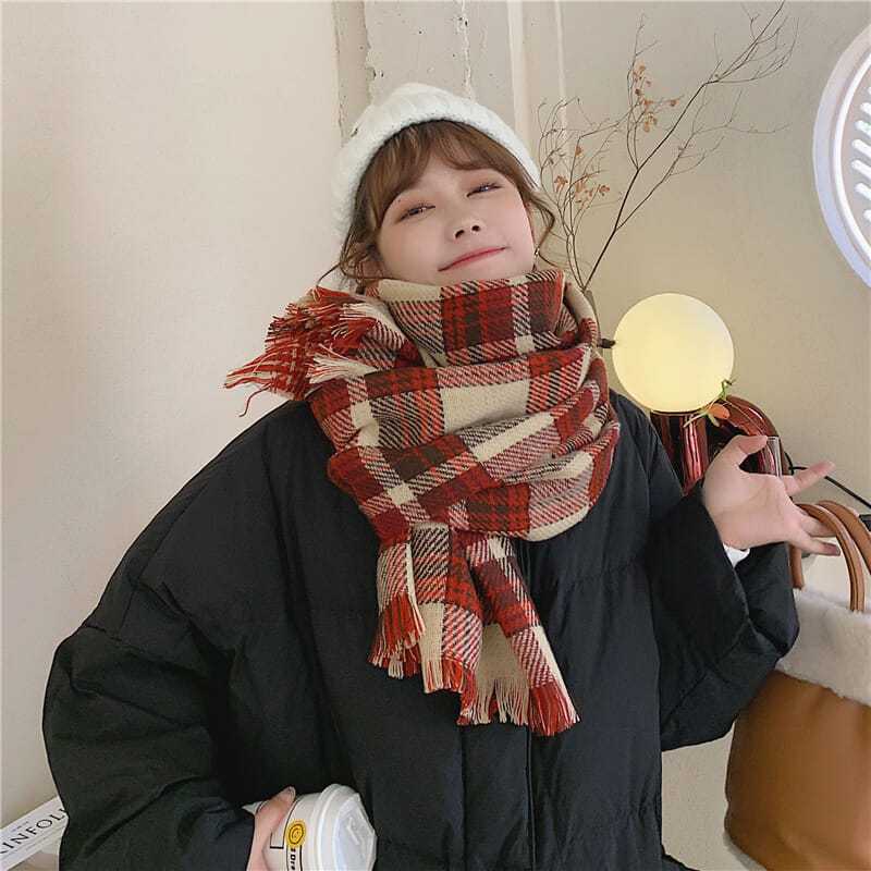Red Plaid Scarf Women's Winter New Korean Version New Year's Warm Couple Christmas Gift Plaid