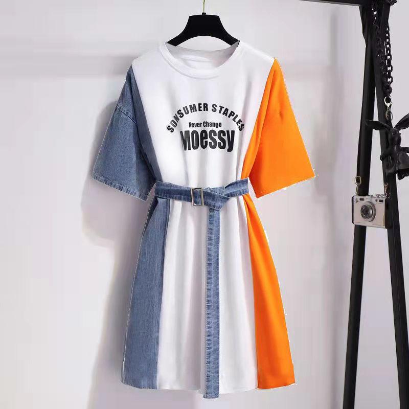 

Летняя повседневная мода принт деним сшитый короткий рукав пояс футболка платья женщины О-образный вырез свободная талия платье Femme M бежевый