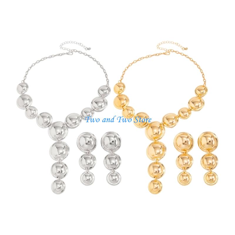 HX6F Comfortable Geometric Necklace and Earrings Set Featuring Round Design Metal Texture Suitable for Extended Comfort