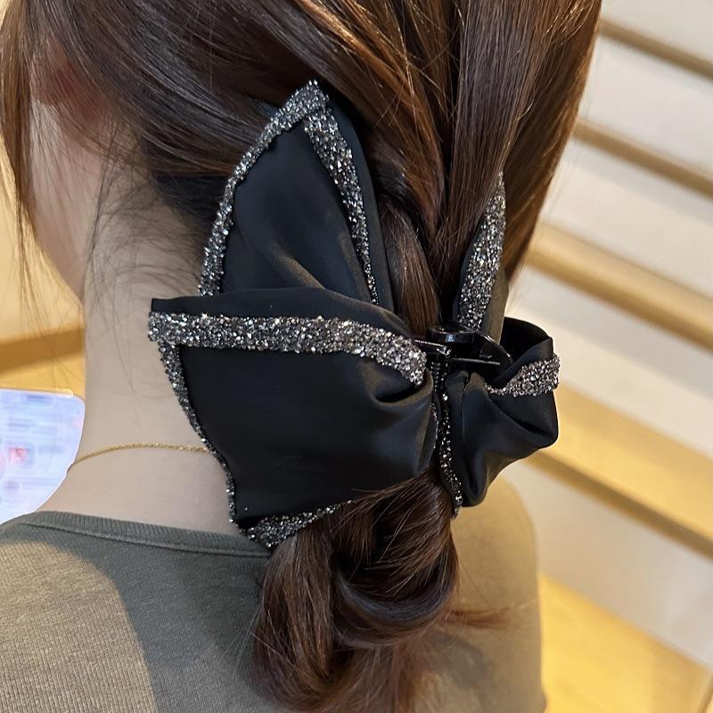 Korean Retro Elegance: Satin Crystal Bow Claw Clip, Versatile and Chic, Shark Hairpin, Bun Hairpin