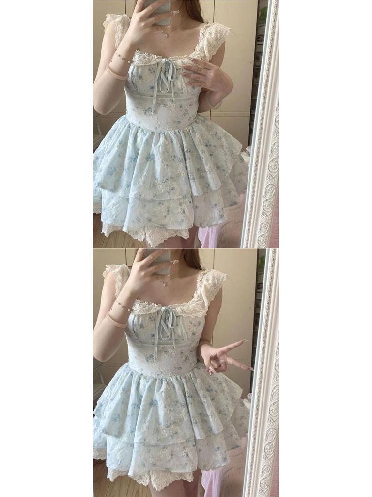 New Arrival: French Floral Princess Mini Dress with Puffy Skirt and Flutter Sleeves