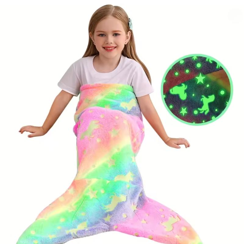 Cartoon Rainbow  Mermaid Tail Blanket Super Soft Glow In The Dark Flannel Mermaid Tail Blanket Girls Sleeping Bag