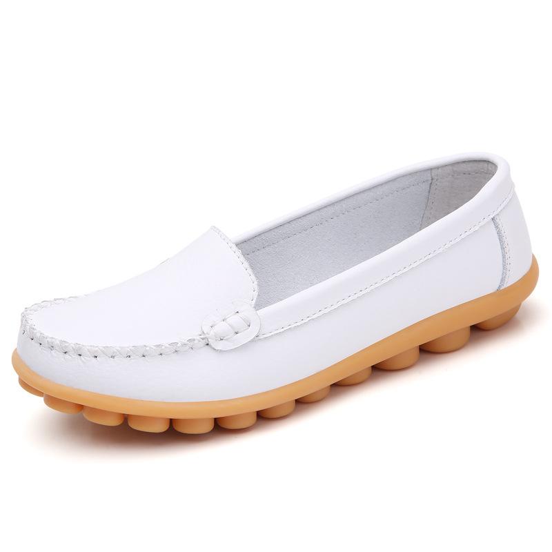 Shoes for Women Spring Large Size Genuine Leather Women's Shoes Round Toe Flat Casual Shoes for Women Non-slip Pregnant Women Bean Shoes for Women