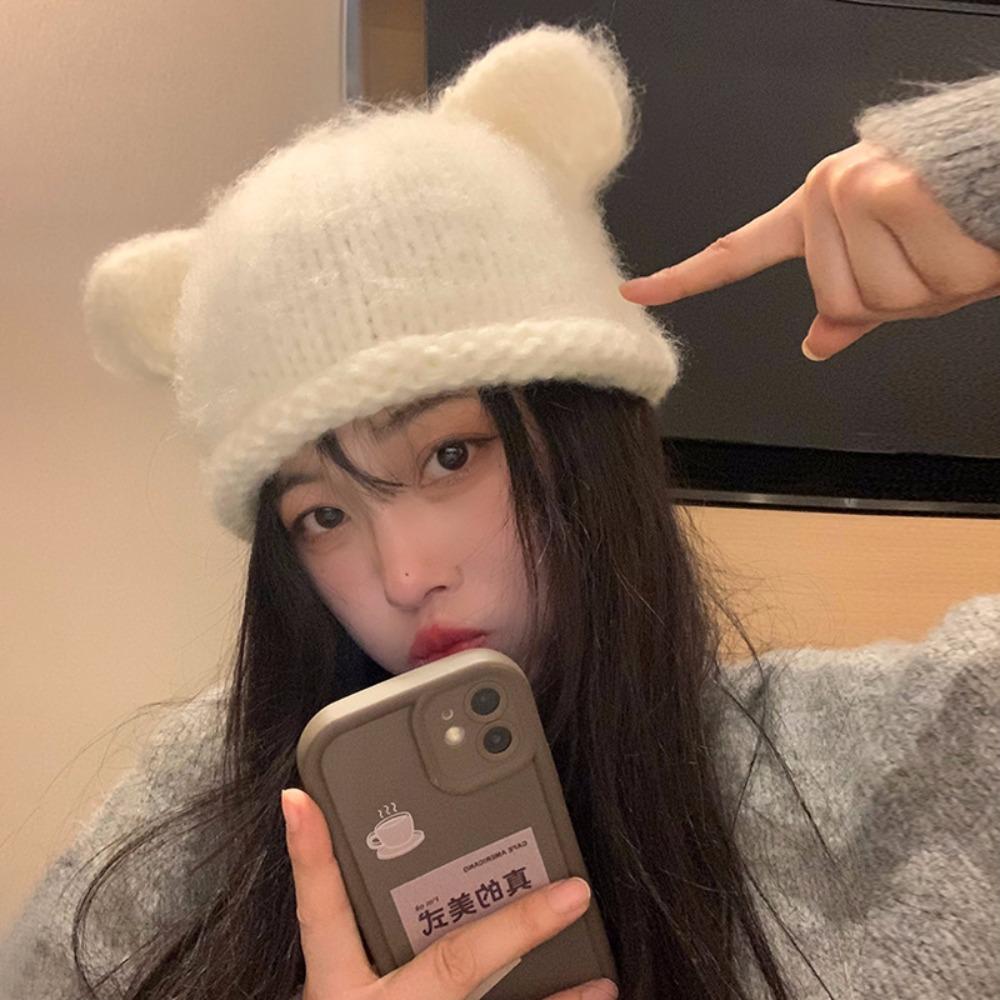 Fluffy Bear Ear Woolen Hat Soft Brimless Beanie Cap Fashion Knitted Pullover Hat  Winter