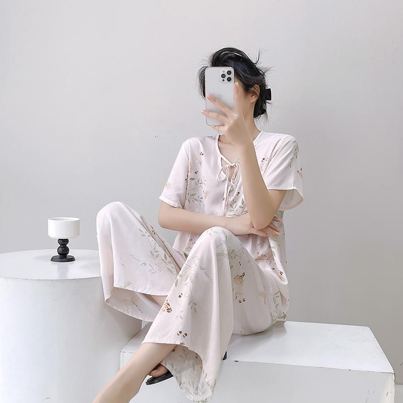 1011 New Spring and Summer Cotton and Silk Pajamas Women's Short-sleeved Trousers Round Neck Thin Fashion Casual Cute Loungewear Cover